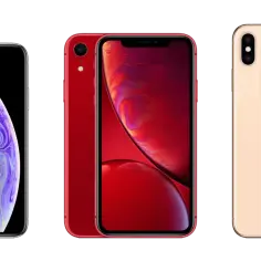 Trzy iPhone'y: biały, czerwony i złoty, z kolorowymi tapetami na ekranach.