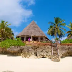 Piękny domek na plaży z palmami. Zastanawiasz się, ile godzin leci się na Zanzibar? To marzenie o raju!