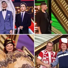 Polscy kabareciarze w różnych scenkach: od eleganckich garniturów po zabawne przebrania.