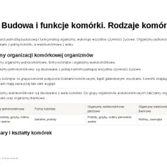 Budowa i funkcje komórki, rodzaje komórek: jednokomórkowe, kolonie, wielokomórkowe (plechowe, tkankowe).