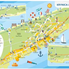 Mapa Krynicy Morskiej pokazuje, gdzie jest Krynica Morska, z zaznaczonymi plażami, portami, atrakcjami i drogami.
