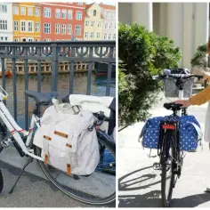 Dwa rowery z torbami po obu stronach bagażnika. Jeden z nich stoi przy moście z kolorowymi kamienicami w tle, drugi z kobietą w żółtym swetrze.