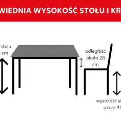 Ilustracja pokazuje idealną wysokość stołu (75 cm) i krzesła (siedzisko 45 cm), z odległością 28 cm między nimi.