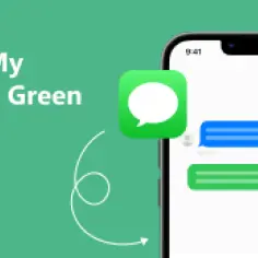 Ikona iMessage na tle zielonego ekranu z tekstem "re My ges Green". Widoczny fragment iPhone'a z niebieskimi i zielonymi dymkami wiadomości.