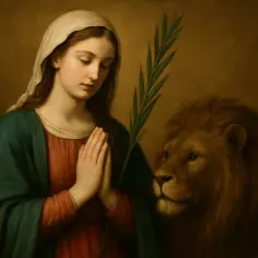 Młoda kobieta w welonie modli się z gałązką palmową, obok niej lew. Czy jest święta martyna?