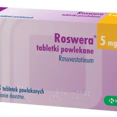 Opakowanie leku Roswera 5 mg, zawierające 28 tabletek powlekanych z rozuwastatyną. Podanie doustne.