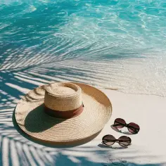 Słomkowy kapelusz i okulary przeciwsłoneczne na piaszczystej plaży, obok turkusowej wody. Idealne miejsce, by pomyśleć, gdzie na wakacje 2026.