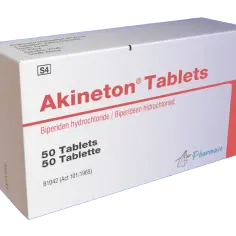 Opakowanie leku Akineton, zawierające 50 tabletek biperydyny.