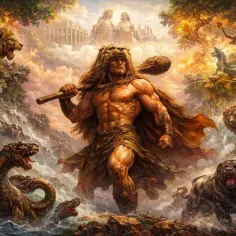 Herakles, w skórze lwa, z maczugą, walczy z hydrą i lwami. To streszczenie mitu o heraklesie, pełne mocy i odwagi.