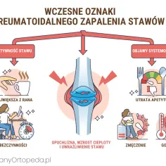 Wczesne objawy RZS: sztywność stawów, utrata apetytu, zmęczenie, gorączka. Mogą pojawić się guzki reumatoidalne.