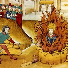 Jan Hus na stosie podczas Soboru w Konstancji. Widownia obserwuje egzekucję.