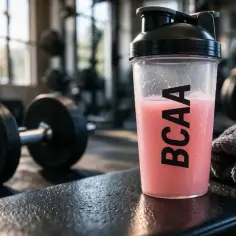 BCAA na co? Odżywka w shakerze obok hantli i ręcznika na siłowni. Idealne wsparcie dla mięśni po treningu.