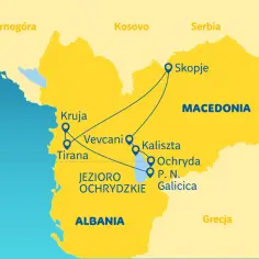 Mapa pokazuje trasę podróży z Katowic do Albanii, przez Macedonię.