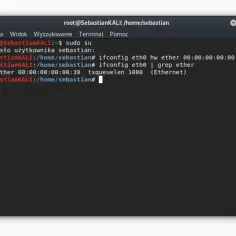 Terminal pokazuje komendę `ifconfig eth0 | grep ether`, która wyświetla adres MAC karty sieciowej.