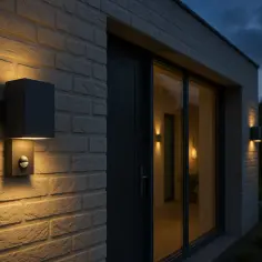 Nowoczesna lampa led ścienna oświetla ceglaną ścianę domu, tworząc ciepłą atmosferę.