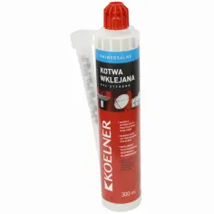 Tubka kotwy chemicznej Koelner z aplikatorem, biało-czerwona, z niebieskim paskiem i napisem "KOTWA WKLEJANA".