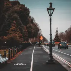 Ulica w Irlandii z choinką i samochodami. Ceny w Irlandii mogą być wysokie, ale widok jest piękny.
