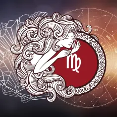 Znak zodiaku Panna w stylizowanej grafice. Kobieta z bujnymi włosami, symbol Panny i koło zodiaku.