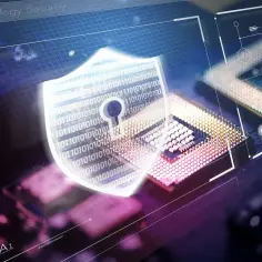 Cyfrowe tarcze z kodem binarnym i kluczem symbolizują bezpieczeństwo technologii, jak w rozwiązaniach Zscaler.