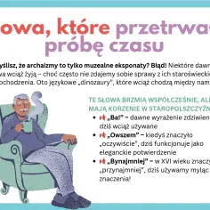Starszy pan w fotelu popija herbatę. Obok niego tekst o archaizmach, które wciąż żyją w języku.