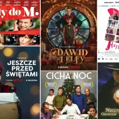 Kolaż plakatów polskich świątecznych filmów: "Listy do M.", "Dawid i Elfy", "Hania", "Jeszcze przed świętami", "Cicha noc", "Nieznana opowieść wigilijna".