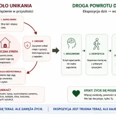 Cykl unikania w odpowiedzi na ataki paniki: lęk, unikanie, ulga, zawężanie życia. Droga do wolności: zrozumienie, ekspozycja, nowe doświadczenia, wolność.