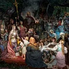 Uroczystość z udziałem dworu, symbolizująca potęgę dynastii jagiellonów. Królowa z koroną i berłem, otoczona ludem, dzieci, rycerze i duchowni.