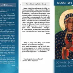 Obraz przedstawia Matkę Bożą Częstochowską z Dzieciątkiem Jezus. Tekst zawiera modlitwy i litanie, w tym wezwania do Matki Bożej.