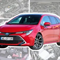 Czerwona, nowa Toyota Corolla kombi z widocznym silnikiem w tle. Stylowy design i moc pod maską.