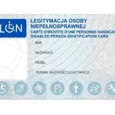Legitymacja osoby niepełnosprawnej z symbolem L&N. Dokument zawiera pola na imię, nazwisko, PESEL i termin ważności.