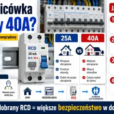 Porównanie wyłączników RCD 25A i 40A. Wybór zależy od obciążenia, liczby obwodów i instalacji. Dobry RCD to bezpieczeństwo w domu.