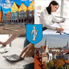 Kolaż: rynek Olsztyna, herb miasta, kobiety pracujące z kalkulatorem i laptopem, panorama miasta.