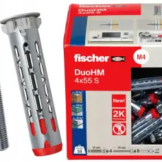 Kołki ślimakowe do karton gipsu Fischer DuoHM 4x55 S, idealne do mocowania ciężkich przedmiotów. Zestaw 25 sztuk.