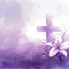 Fioletowy krzyż i lilia na tle akwarelowych plam.