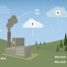 Ilustracja pokazuje, jak powstaje deszcz. Dym z fabryki zawiera SO2 i NOx, które łączą się z wodą w chmurach, tworząc kwaśne opady.