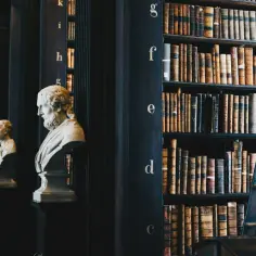 Rzędy popiersi i zabytkowe księgi w bibliotece, przypominające o cechach sonetu: uporządkowana forma i bogactwo treści.