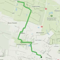 Mapa z zaznaczoną trasą przez tereny zielone i miejscowości wokół Buska-Zdroju.
