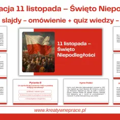 Obraz przedstawia prezentację o Święcie Niepodległości, z flagą Polski i ludźmi. Dzień niepodległości jest tu kluczowym tematem.