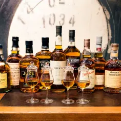 Rząd butelek whisky i cztery kieliszki do degustacji. Idealne miejsce, by dowiedzieć się, jak pić whisky.