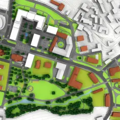 Wizualizacja planu zagospodarowania przestrzennego: nowoczesne budynki, tereny zielone, drogi i zbiornik wodny.