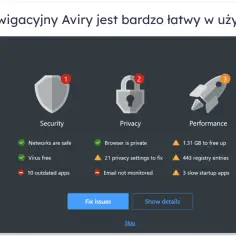 Pulpit Aviry, najlepszy antywirus, pokazuje stan bezpieczeństwa, prywatności i wydajności. Łatwy w obsłudze.