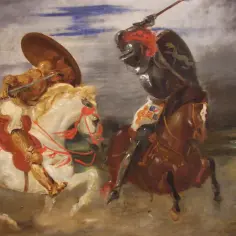 Dwóch rycerzy na koniach ściera się w walce, uosabiając średniowieczny etos rycerski.