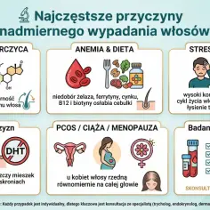 Wypadanie włosów przyczyny: hormony, anemia, stres, DHT u mężczyzn, PCOS/ciąża/menopauza. Badania: TSH, ferrytyna, żelazo, cynk, wit. D i B12.