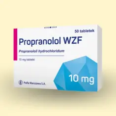 Opakowanie leku Propranolol WZF 10 mg, zawierające 50 tabletek. Propranolol jest często stosowany w leczeniu chorób serca.