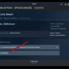 Ekran pomocy technicznej Steam z zaznaczoną opcją zwrotu pieniędzy za grę "Cook, Serve, Delicious!".