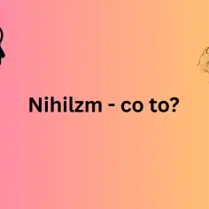 Czarna głowa z mózgiem i strzałką, obok szkic Nietzschego. Napis: Nihilizm - co to?