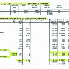 Fragment rachunku za energię elektryczną z podziałem na sprzedaż i dystrybucję, z cenami i podatkami.