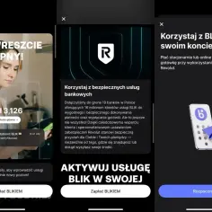 Revolut oferuje BLIK, umożliwiając płatności online i wypłaty gotówki. Aplikacja pokazuje interfejs z kwotą 3126 zł i opcją "Zapłać BLIKIEM".