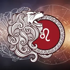 Lew, symbol 30 lipca znak zodiaku, z kryształami i kołem zodiaku.