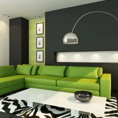 Nowoczesny salon z narożną kanapą w intensywnym kolorze limonkowym, białą ławą i dywanem w zebrę.